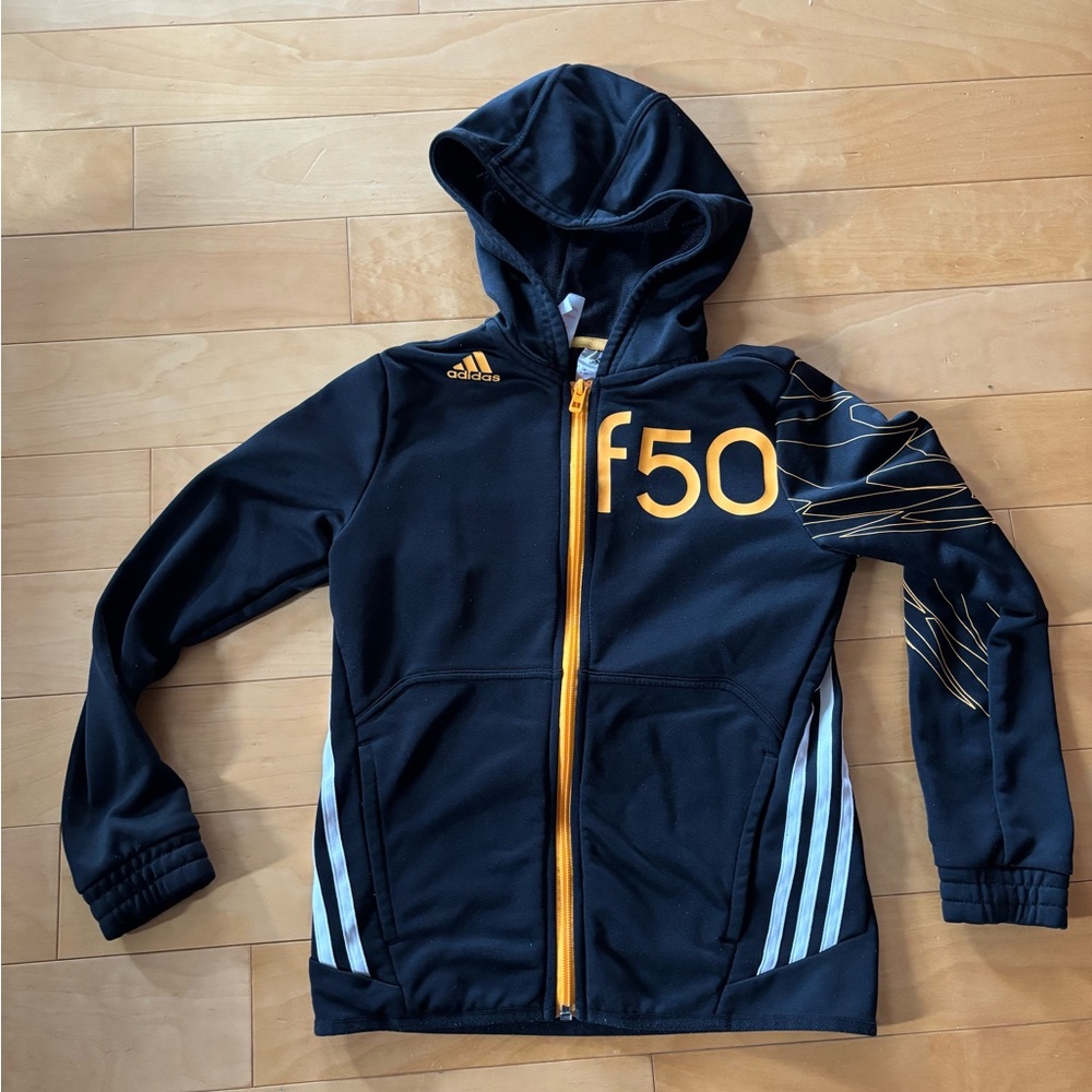 Adidas Kids F50 Black Hoodie with Orange and White Accents